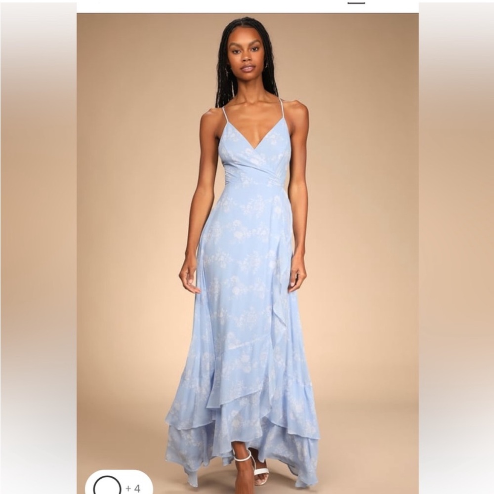 Lulus in love forever light blue floral lace up high low maxi dress